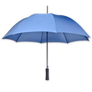 Dieser blaue Regenschirm mit geradem Soft-Touch griff kann individuell mit eigenem Firmenlogo bedruckt werden.