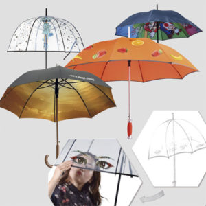 Neben den "üblichen" Werbeschirmen mit einem einfachen Aufdruck des Logos oder eines Slogans stellen wir auch vollflächig bedruckte Regenschirme z. B. für Modedesigner her.